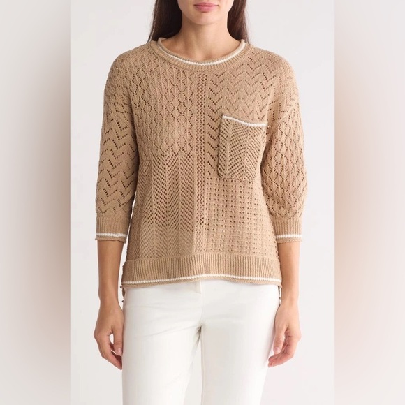 Democracy Pointelle Tipped Sweater Size Large Crewneck 3/4 Sleeve New - Picture 1 of 7